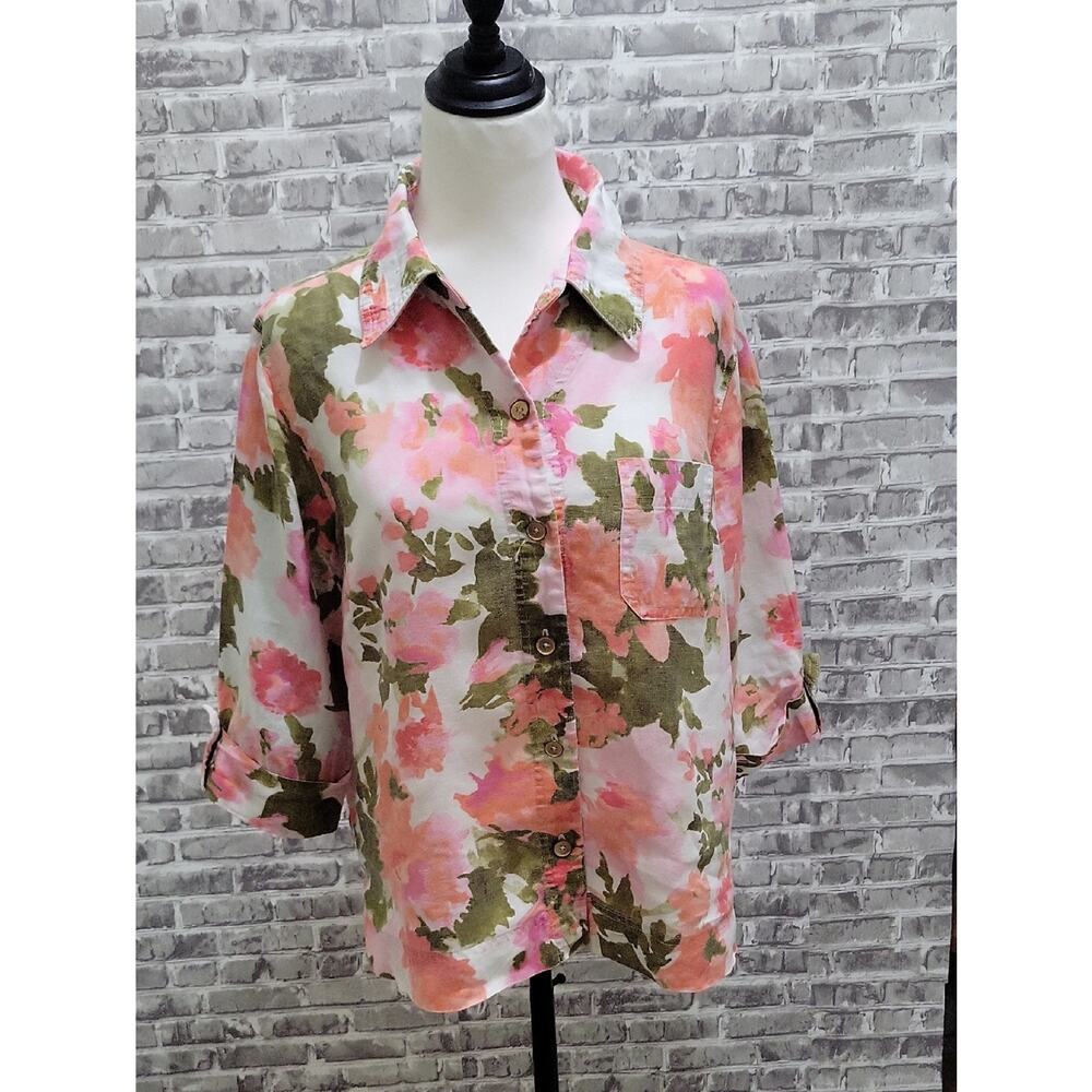 Jones New York Pink & Olive Linen Floral Womens L Button-Down Cropped Shirt